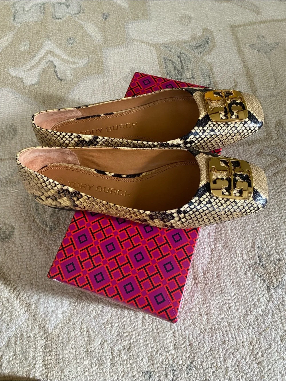 TORY BURCH Georgia Logo Snake Printed Leather Ballet Flats Women’s Size 9